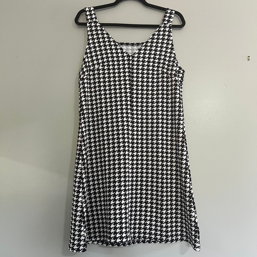 Black White Houndstooth V-Neck Sleeveless A-Line Mini Dress Size Small Mod Retro